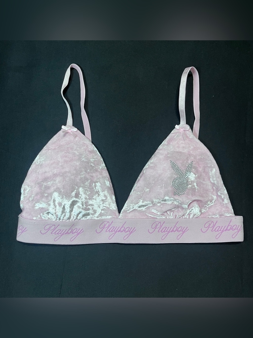 PLAYBOY Soft Pink Velvet Triangle Bralette with Rhinestone Bunny Size XL